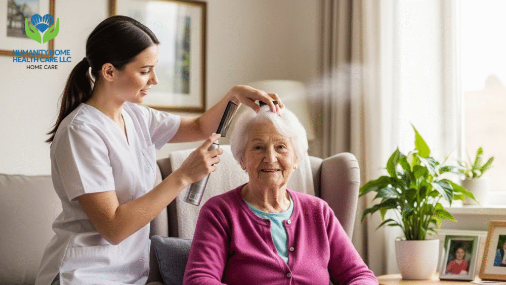 Senior receiving personal care assistance at home