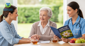 Professional home caregiver assisting an elderly parent while family caregiver takes a break