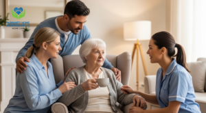 Elderly woman receiving home care support from caregiver at home
