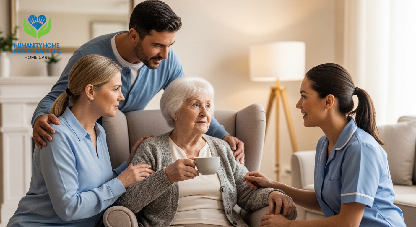 Elderly woman receiving home care support from caregiver at home