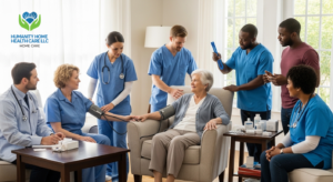 Nurse providing skilled home healthcare services including medication management and personal care support at home