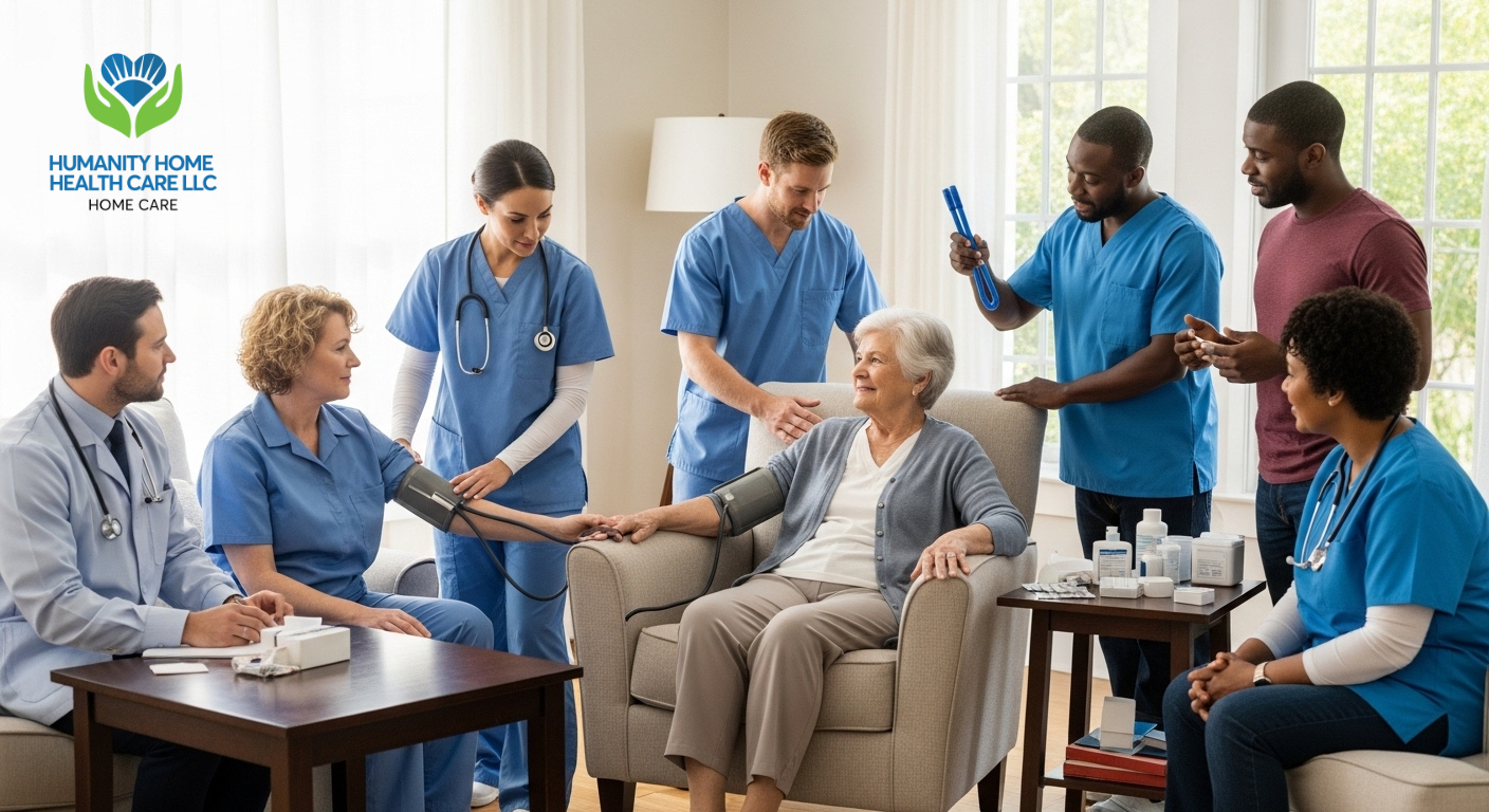 Nurse providing skilled home healthcare services including medication management and personal care support at home