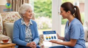 Senior woman discussing cost of in home care for seniors with professional caregiver at home