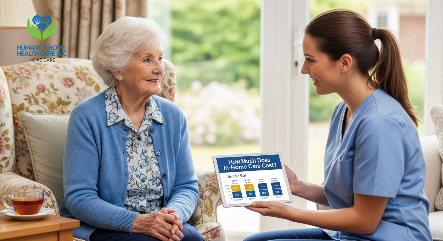 Senior woman discussing cost of in home care for seniors with professional caregiver at home