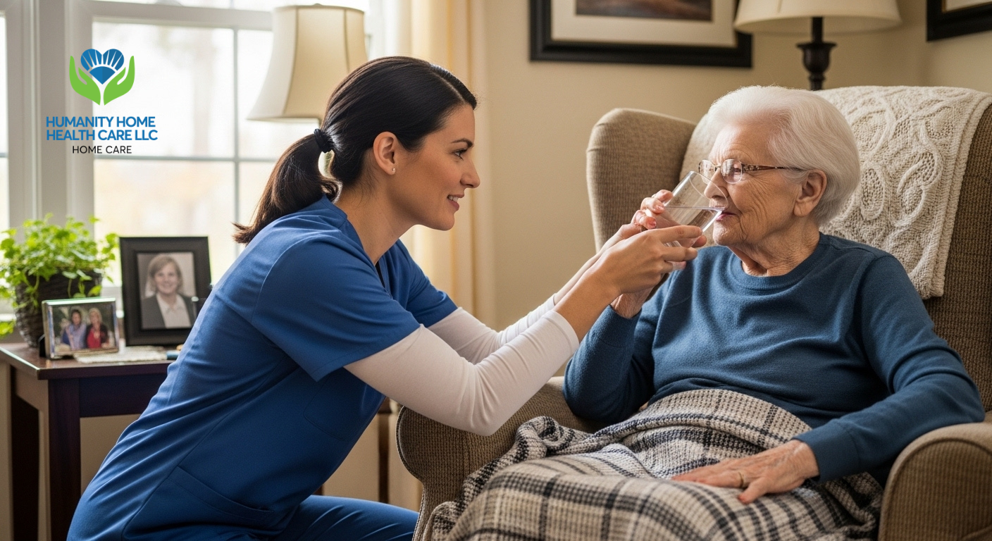 Home health aide helping an elderly senior with daily personal care and mobility support at home