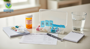 Organized pill organizer and prescription medicines for safe medication management at home