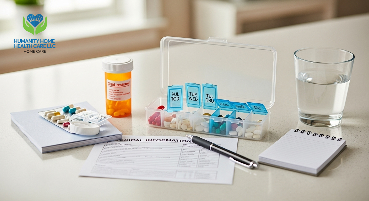 Organized pill organizer and prescription medicines for safe medication management at home